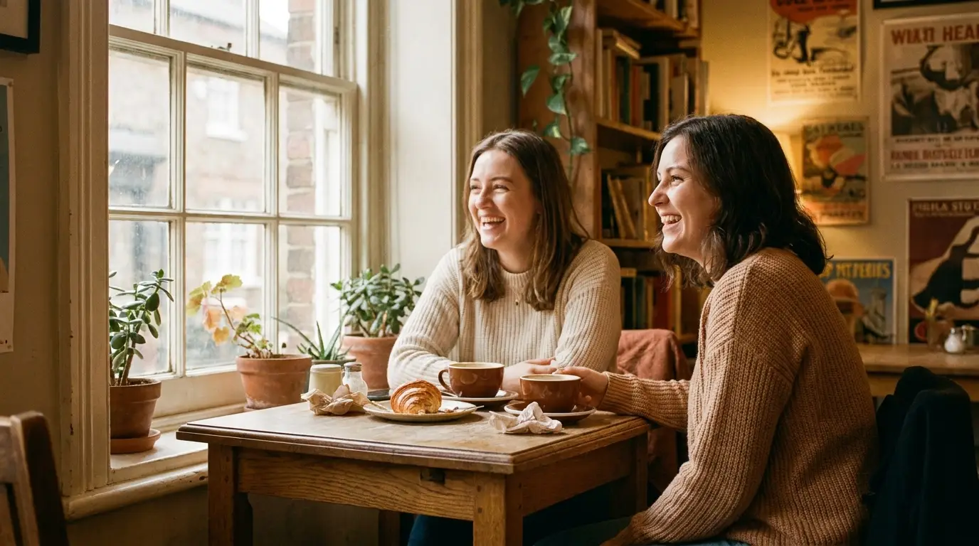 Two friends laughing over coffee at a small table