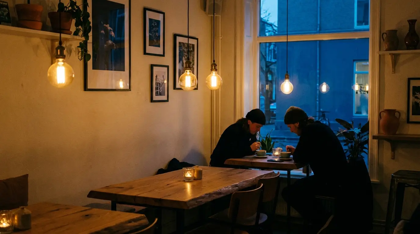 The room at dusk under warm pendant lamps