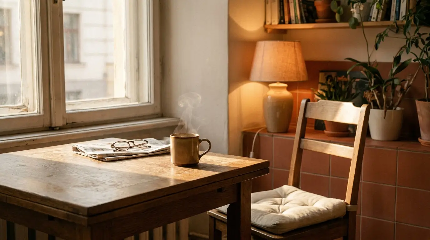 A quiet cup by the window in late golden light, a chair pulled out