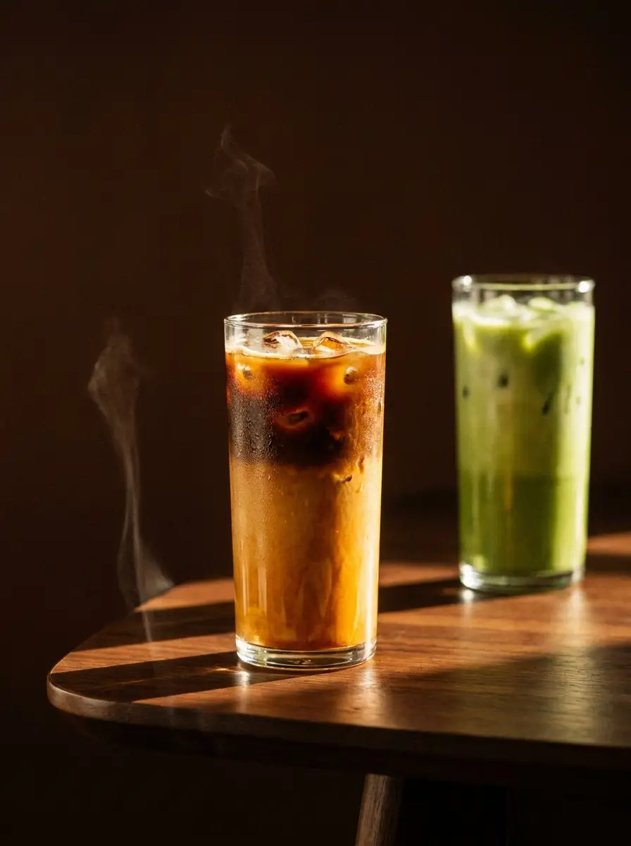 An iced Spanish latte with condensation on a dark walnut surface, an iced matcha behind it, long late-afternoon shadows