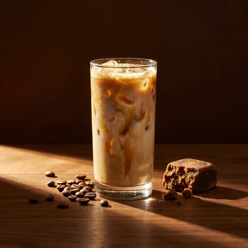 An iced brown sugar shaken espresso with caramel streaks, coffee beans scattered on dark walnut