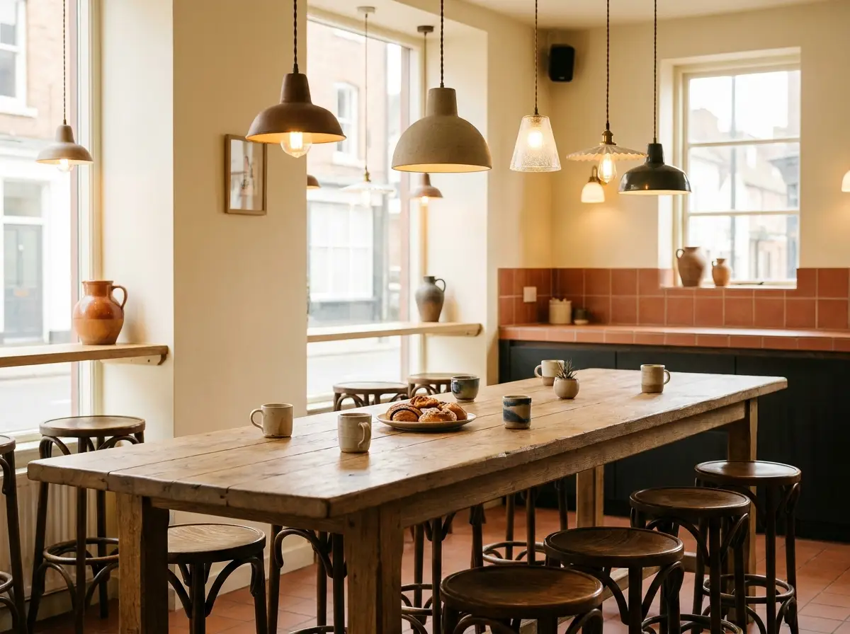 A long oak communal table with shared pastries
