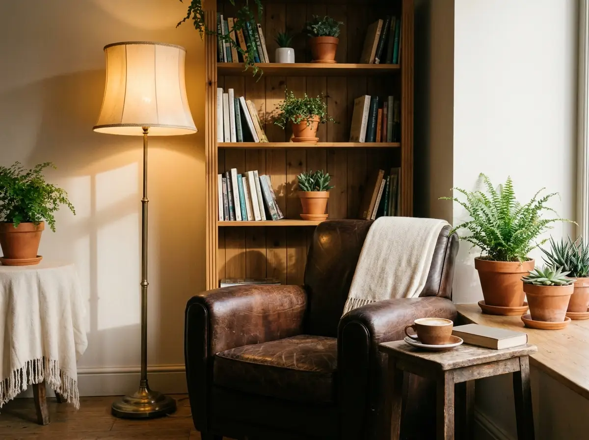 An armchair beside a bookshelf and a floor lamp