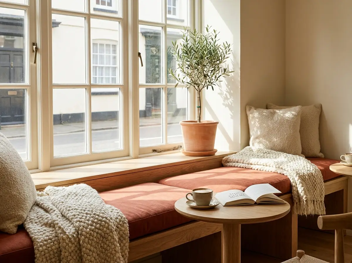 A cushioned window bench in the sun with a coffee and a book